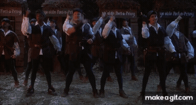 A Group Of Men Standing In Front Of A Sign That Says Ye Olde Port-A-Privy GIF