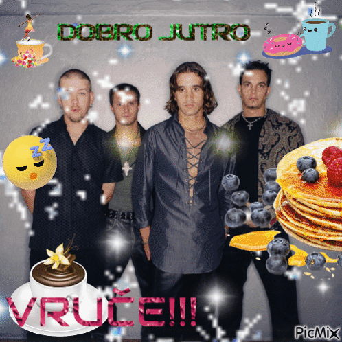 A Group Of Men Standing Next To A Stack Of Pancakes And A Cup Of Coffee With The Words Dobro Jutro Written On It GIF