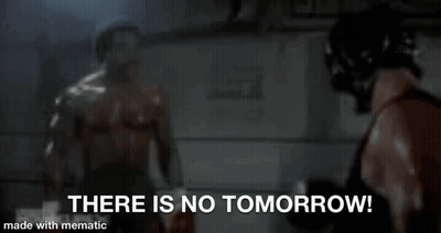 A Group Of Men Standing Next To Each Other In A Dark Room With The Words `` There Is No Tomorrow ! '' GIF