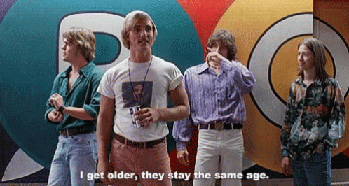 A Group Of Men Standing Next To Each Other With One Saying " I Get Older They Stay The Same Age .. " GIF