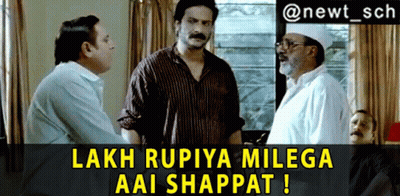 A Group Of Men Standing Next To Each Other With The Caption " Lakh Rupiya Milega Aai Shappet " GIF