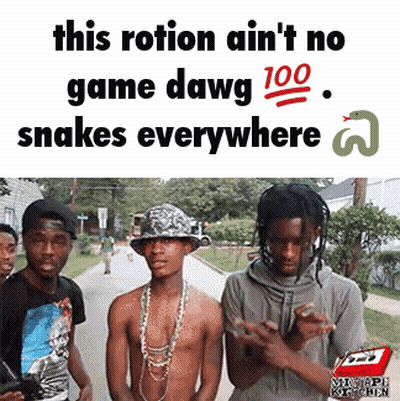 A Group Of Men Standing Next To Each Other With The Caption This Rotation Ain 'T No Game Dawg 100 Snakes Everywhere 3 GIF