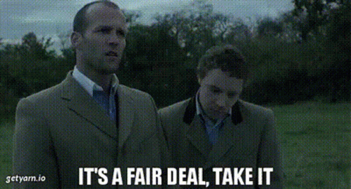 A Group Of Men Standing Next To Each Other With The Words It 'S A Fair Deal Take It On The Bottom GIF
