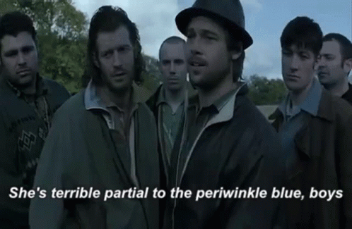 A Group Of Men Standing Next To Each Other With The Words She 'S Terrible Partial To The Periwinkle Blue Boys GIF