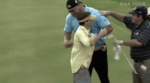 A Group Of Men Standing On A Golf Course With A Pga Tour Logo On The Bottom GIF