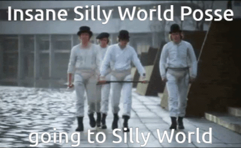 A Group Of Men Walking Down A Sidewalk With The Words Insane Silly World Posse Going To Silly World Below Them GIF