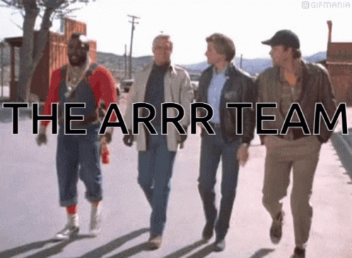 A Group Of Men Walking Down A Street With The Words The Arrr Team Written On The Bottom GIF