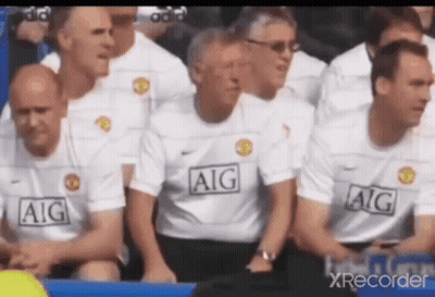 A Group Of Men Wearing Aig Shirts Are Sitting In The Stands . GIF
