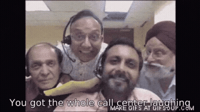 A Group Of Men Wearing Headsets Are Posing For A Picture And The Caption Says You Got The Whole Call Center Laughing GIF