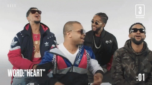 A Group Of Men Wearing Sunglasses And Jackets With The Words " Word Heart " On The Bottom GIF