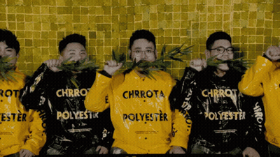 A Group Of Men Wearing Yellow Sweatshirts That Say Chrrot Polyester GIF
