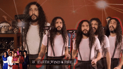 A Group Of Men With Long Hair Are Singing Earth Wind And Fire GIF