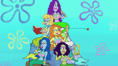 A Group Of Mermaids Are Sitting On Top Of Each Other GIF