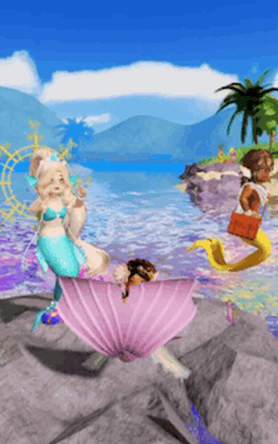 A Group Of Mermaids Are Standing On A Rock In The Ocean . GIF