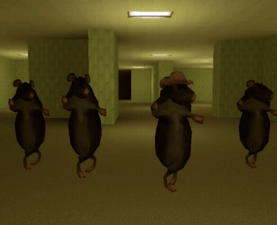 A Group Of Mice Are Dancing In A Hallway With Green Walls GIF