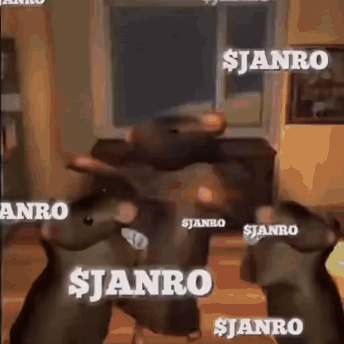 A Group Of Mice Are Dancing In A Living Room With The Words $ Janro Written On The Wall . GIF