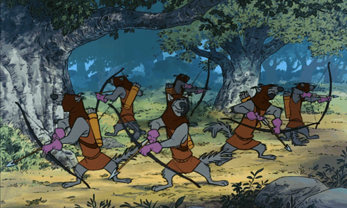 A Group Of Mice With Bows And Arrows In A Cartoon Scene GIF