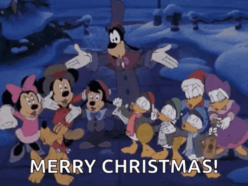 A Group Of Mickey Mouse Characters Singing Merry Christmas With Goofy GIF