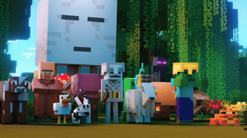 A Group Of Minecraft Characters Are Standing In A Line GIF