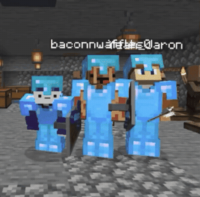 A Group Of Minecraft Characters Are Standing Next To Each Other With The Name Baconnwaffebbs @ Aron On The Bottom GIF