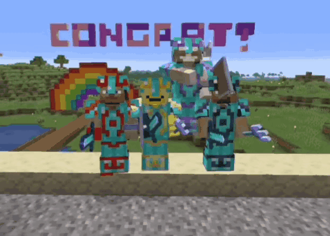 A Group Of Minecraft Characters Standing In Front Of A Sign That Says " Congrats " GIF