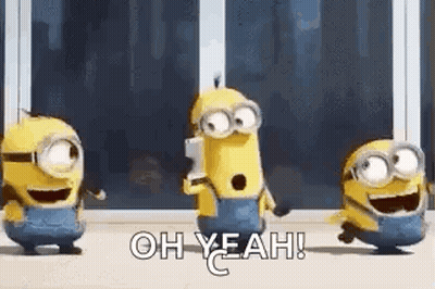 A Group Of Minions Are Dancing In Front Of A Window And Saying `` Oh Yeah ! '' GIF
