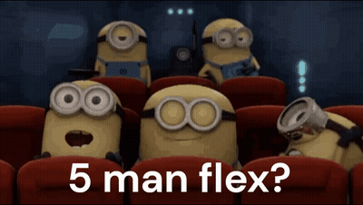 A Group Of Minions Are Sitting In A Theater With The Words " 5 Man Flex " Written On The Screen GIF