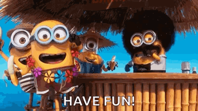 A Group Of Minions Are Sitting Under A Thatched Umbrella At A Bar . GIF