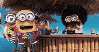 A Group Of Minions Are Standing In Front Of A Bamboo Bar GIF