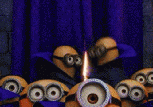 A Group Of Minions Are Standing In Front Of A Purple Curtain With A Flame Coming Out Of It . GIF