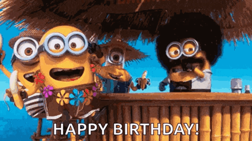 A Group Of Minions Are Standing In Front Of A Tiki Bar And Saying Happy Birthday ! GIF