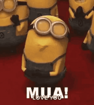 A Group Of Minions Are Standing Next To Each Other And One Of Them Is Wearing Goggles And Saying `` Mua ! Love You '' GIF
