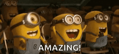 A Group Of Minions Are Standing Next To Each Other In A Classroom With The Words `` Amazing '' Written On The Screen . GIF