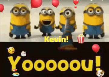 A Group Of Minions Are Standing Next To Each Other With Balloons And Popcorn On A Black Background . GIF