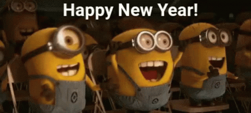 A Group Of Minions Are Standing Next To Each Other With Their Mouths Open And The Words `` Happy New Year '' Written Abo GIF