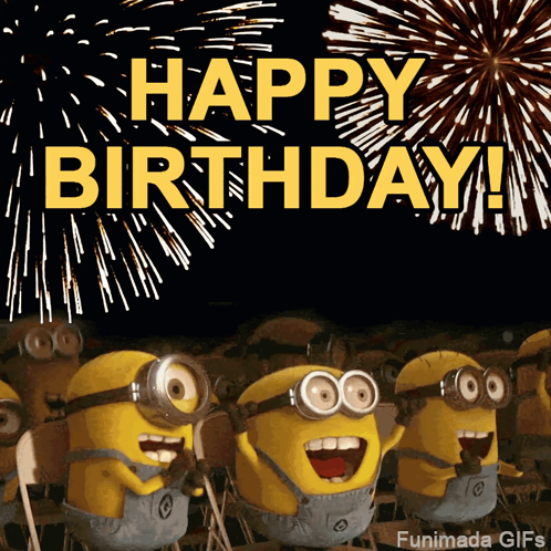 A Group Of Minions Are Watching Fireworks And Saying " Happy Birthday " GIF