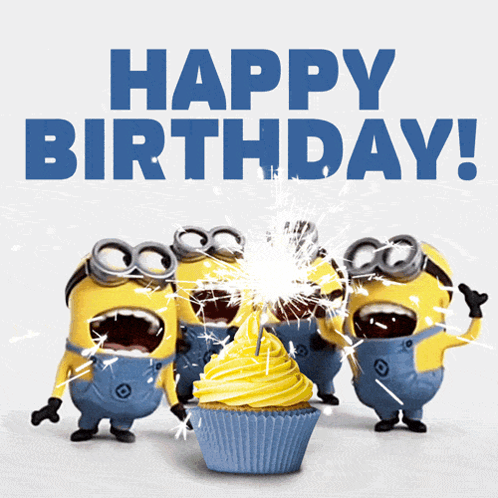 A Group Of Minions Celebrate A Birthday With A Cupcake GIF