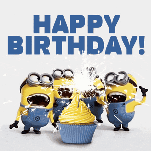 A Group Of Minions Celebrate A Birthday With A Cupcake GIF
