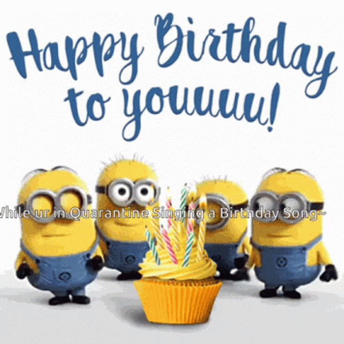 A Group Of Minions Standing Around A Cupcake With Candles And The Words " Happy Birthday To You " GIF