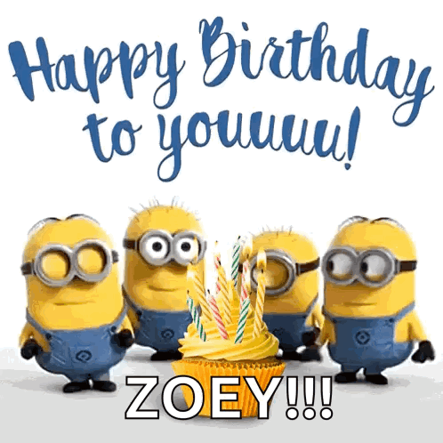 A Group Of Minions Standing Around A Cupcake With Candles And The Words Happy Birthday Zoey GIF