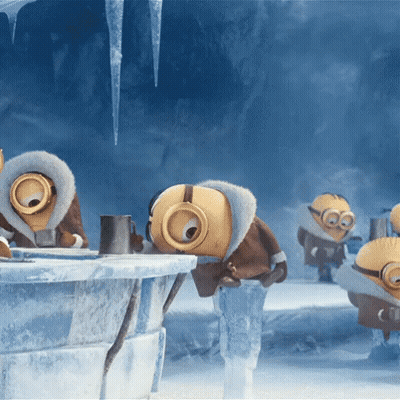 A Group Of Minions Standing In A Cave With Icicles Hanging From The Ceiling GIF