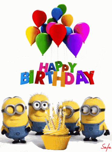 A Group Of Minions Standing Next To A Cupcake With Candles And Balloons That Say Happy Birthday GIF