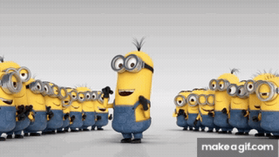 A Group Of Minions Standing Next To Each Other With A Make A Gif.com Button GIF