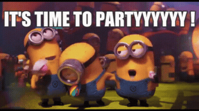A Group Of Minions Standing Next To Each Other With The Words It 'S Time To Party GIF