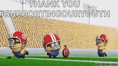A Group Of Minions Wearing Football Helmets Are Running On A Field With A Football . GIF