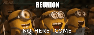 A Group Of Minions Wearing Goggles Are Standing Next To Each Other With The Words `` Reunion No Here I Come '' . GIF