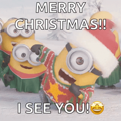 A Group Of Minions Wearing Santa Hats And Sweaters Say Merry Christmas ! I See You ! GIF