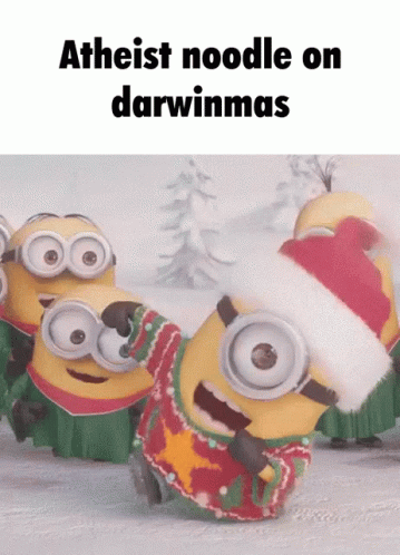 A Group Of Minions Wearing Santa Hats And Sweaters With The Caption " Atheist Noodle On Darwinmas " On The Bottom GIF
