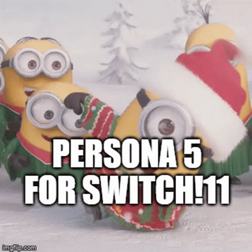 A Group Of Minions Wearing Santa Hats And Sweaters With The Caption Persona 5 For Switch GIF