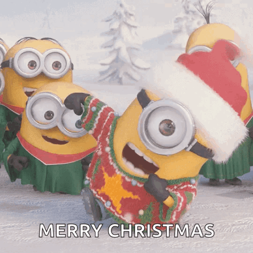 A Group Of Minions Wearing Santa Hats And Sweaters With The Words Merry Christmas Written Below Them GIF